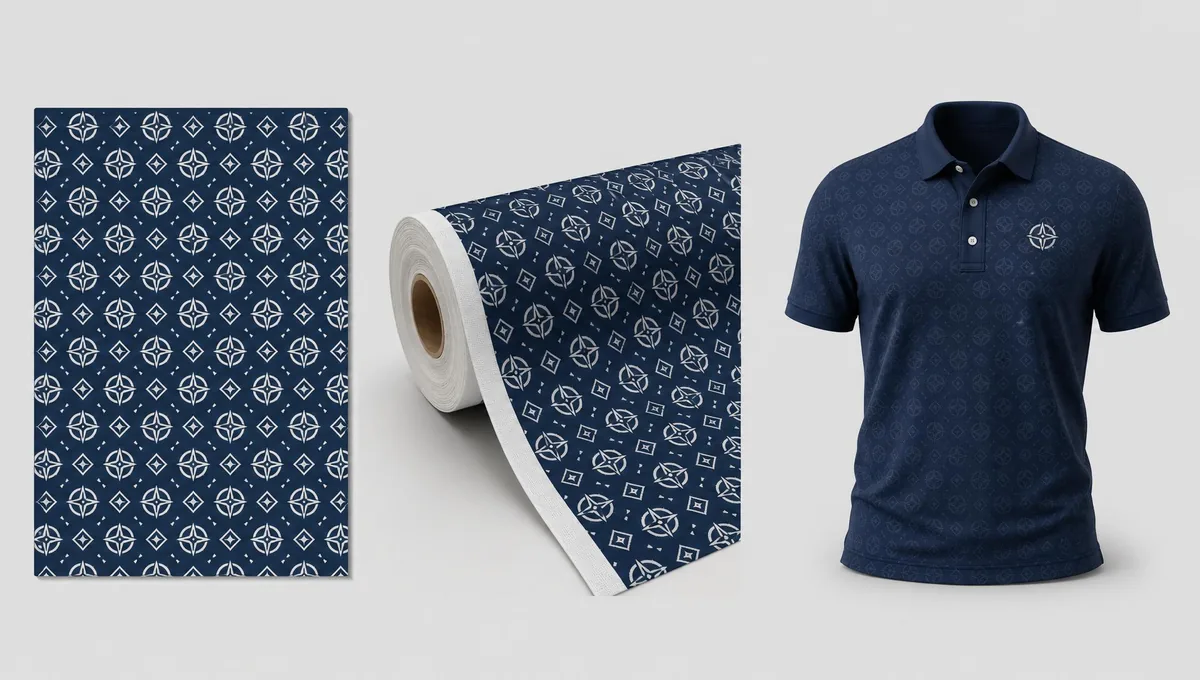 Visual sequence from digital artwork to printed fabric to a finished custom polo.