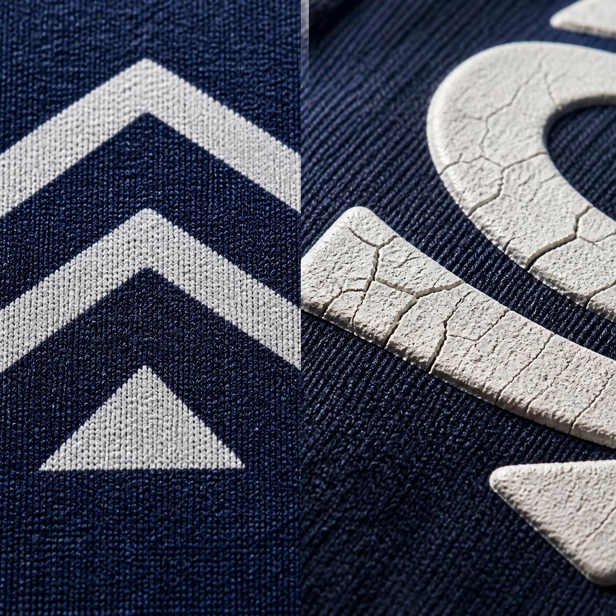 Macro close-up comparing dye integrated into smooth performance fabric against a raised applied decoration.